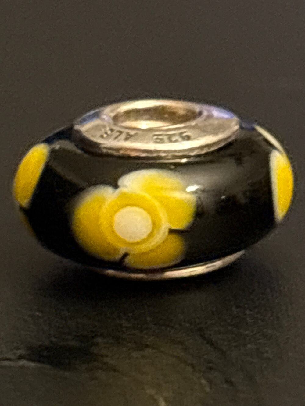 Pandora Black Yellow Flower Murano Glass Charm 925 ALE